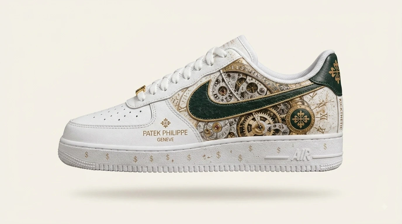 Ivory bespoke sneaker with a hand-rendered mechanical artwork in deep green and antique gold across the upper, side profile